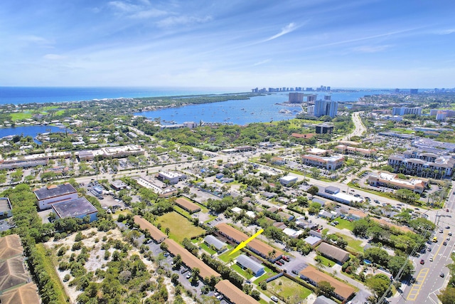 aerial view featuring a water view