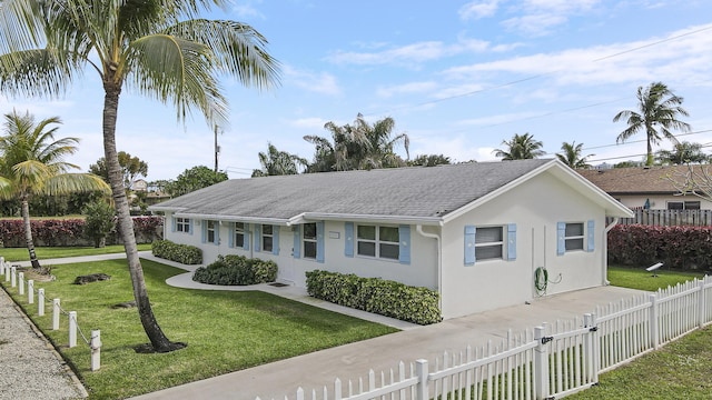 single story home with a front lawn, a fenced front yard, a shingled roof, and stucco siding