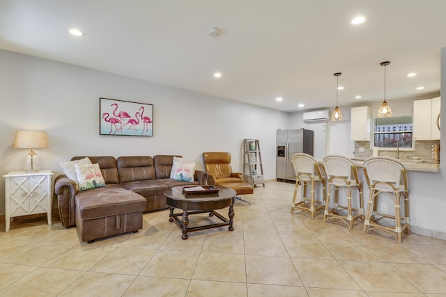 tiled living room with a wall mounted AC