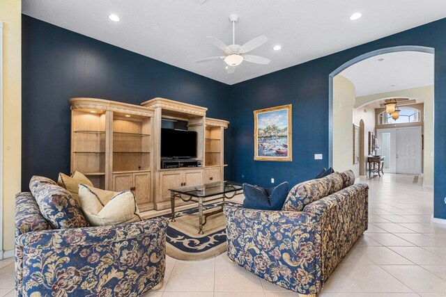 7357 Marbella Echo Dr, Delray Beach, FL 33446 - living room featuring ceiling fan and light tile patterned floors