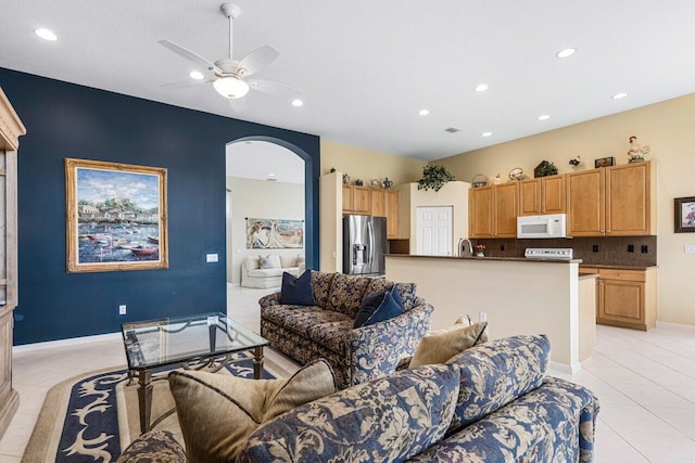 7357 Marbella Echo Dr, Delray Beach, FL 33446 - tiled living room featuring ceiling fan and sink