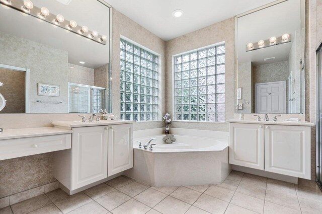 7357 Marbella Echo Dr, Delray Beach, FL 33446 - bathroom featuring vanity, tile patterned flooring, and independent shower and bath