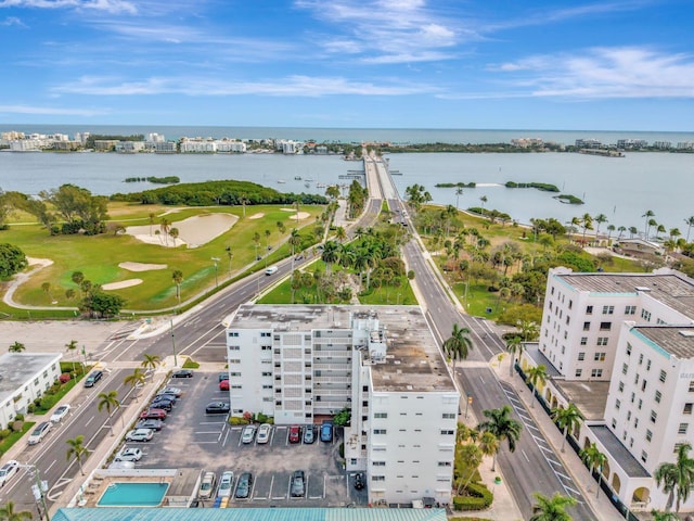 drone / aerial view featuring a water view