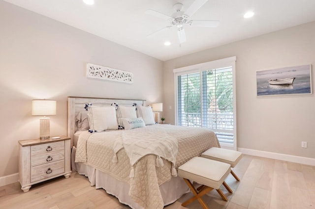 bedroom with recessed lighting, baseboards, ceiling fan, and light wood finished floors