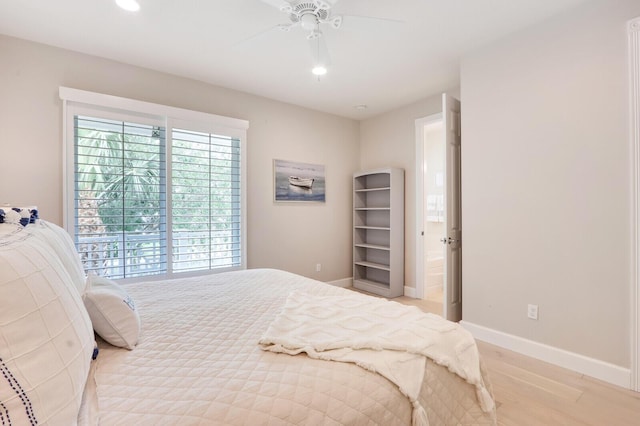 bedroom with recessed lighting, light wood-type flooring, a ceiling fan, and baseboards