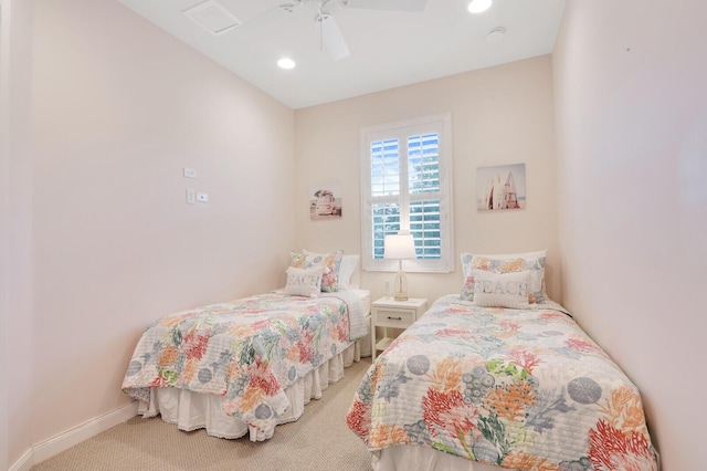 bedroom featuring carpet floors, recessed lighting, ceiling fan, and baseboards