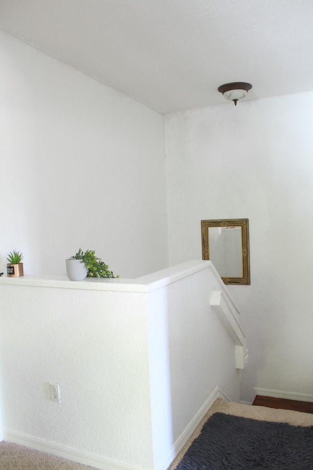 stairs featuring baseboards and carpet flooring