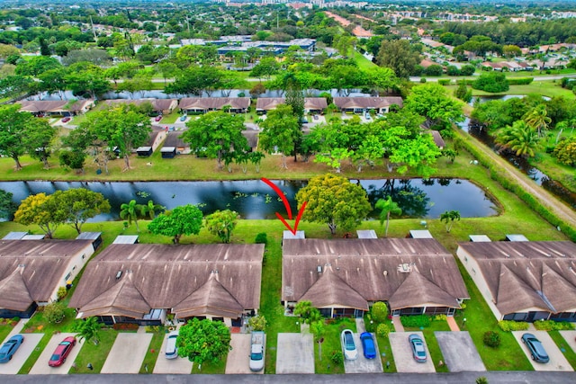 drone / aerial view featuring a water view