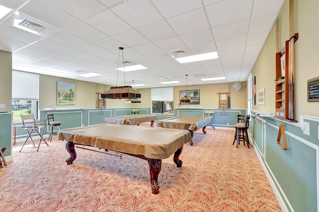 rec room with billiards and light colored carpet