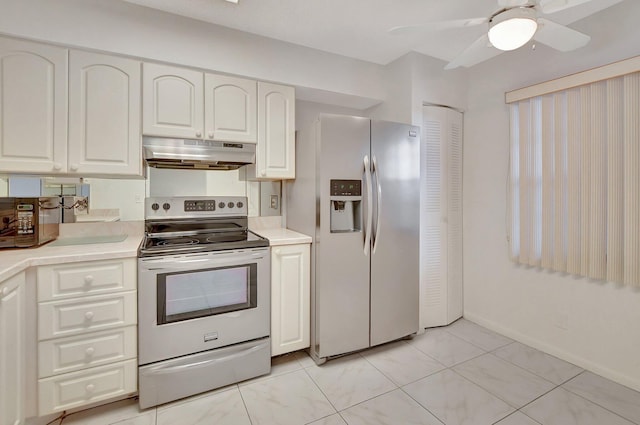 kitchen with ceiling fan, under cabinet range hood, stainless steel appliances, white cabinetry, and light countertops