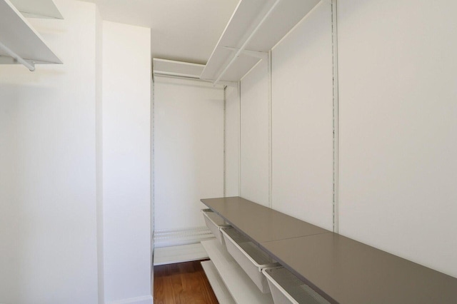 walk in closet featuring dark wood-style flooring