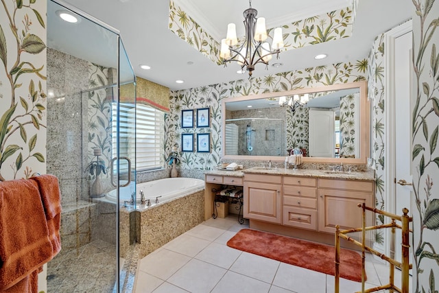 full bath featuring tile patterned flooring, a stall shower, double vanity, a bath, and wallpapered walls