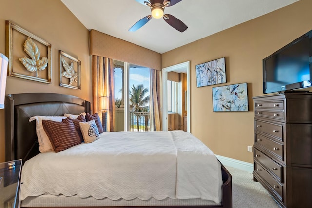 bedroom with carpet flooring, baseboards, and ceiling fan