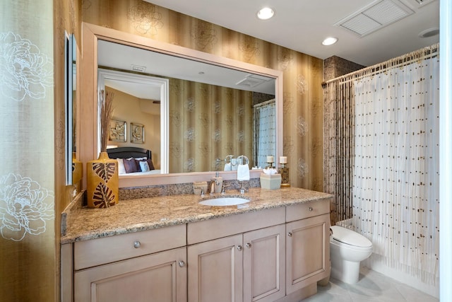 full bathroom with vanity, toilet, recessed lighting, and tile patterned flooring