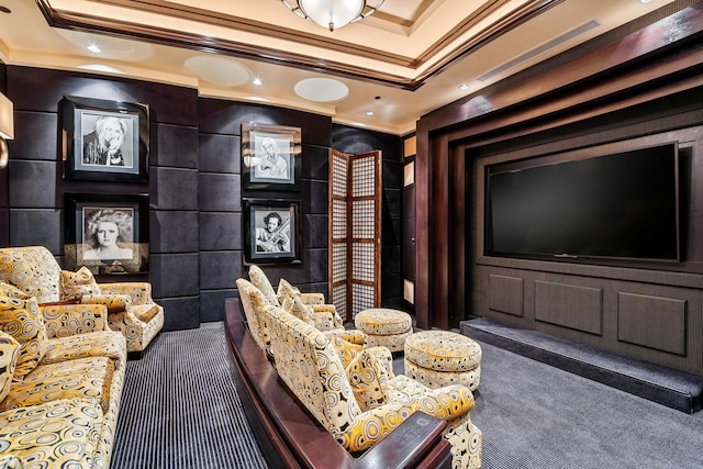 carpeted cinema featuring crown molding and recessed lighting