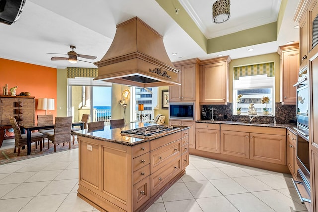 kitchen with island exhaust hood, appliances with stainless steel finishes, tasteful backsplash, ceiling fan, and plenty of natural light