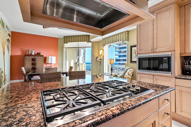 kitchen featuring black microwave, premium range hood, stainless steel gas stovetop, a tray ceiling, and dark stone counters