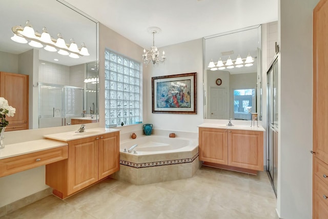 full bath featuring two vanities, a sink, a shower stall, and a bath