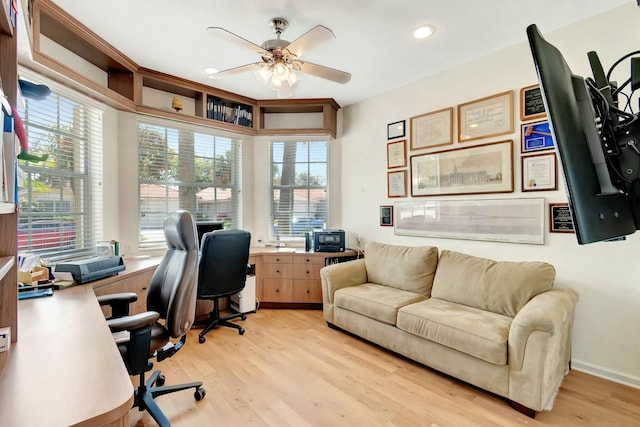 office space with recessed lighting, ceiling fan, and light wood-style flooring