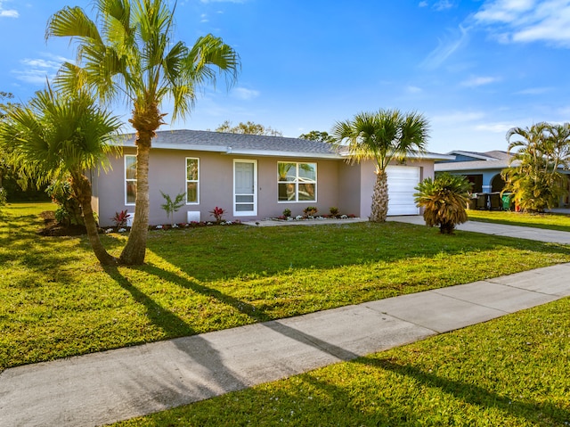 single story home featuring roof with shingles, stucco siding, a garage, driveway, and a front lawn