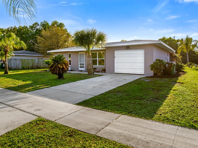 ranch-style home featuring a garage, fence, driveway, stucco siding, and a front yard