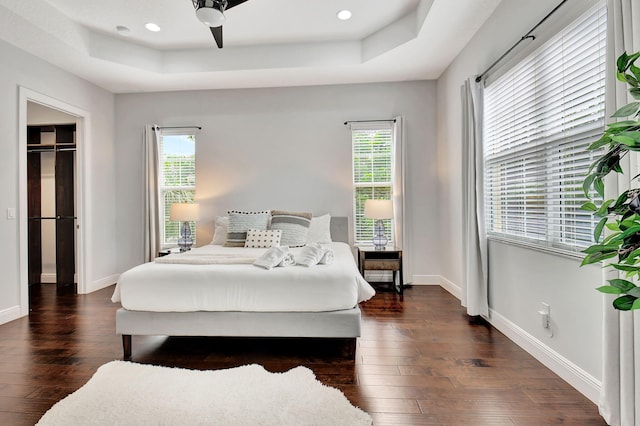 bedroom featuring dark wood-style floors, multiple windows, and a tray ceiling