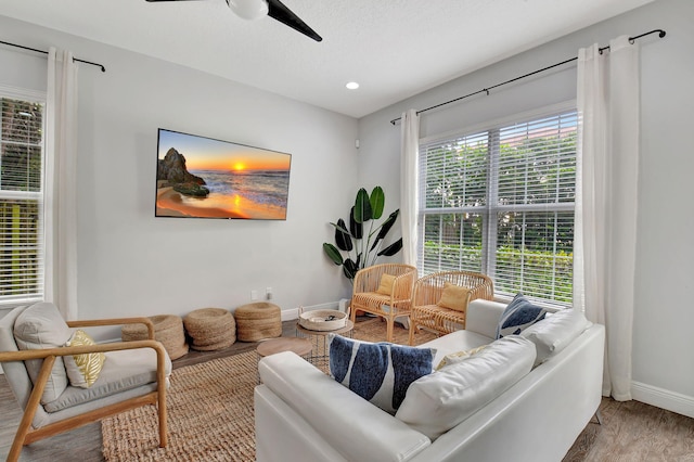 living room with baseboards, a ceiling fan, wood finished floors, a textured ceiling, and recessed lighting