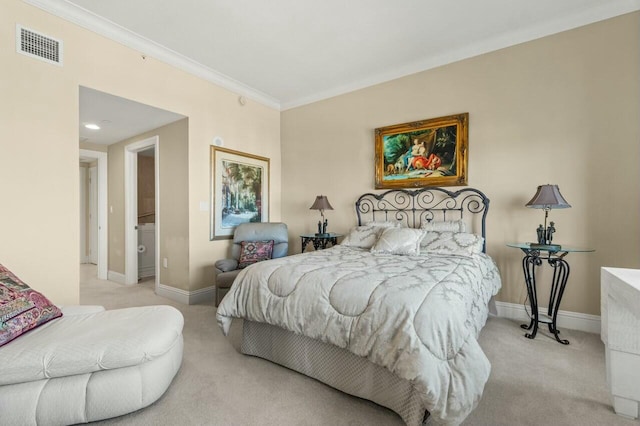 carpeted bedroom featuring crown molding