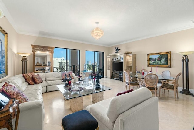 living room featuring ornamental molding and light tile patterned flooring