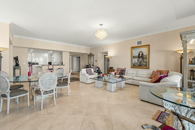 living room featuring crown molding and light tile patterned floors