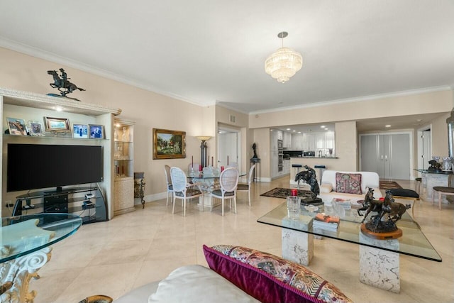 living room with crown molding and light tile patterned floors