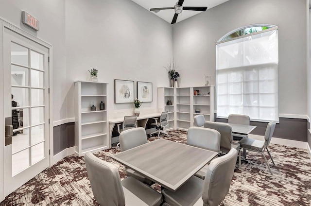 10079 Diamond Lake Rd, Boynton Beach, FL 33437 - office with ceiling fan, a towering ceiling, carpet, and baseboards