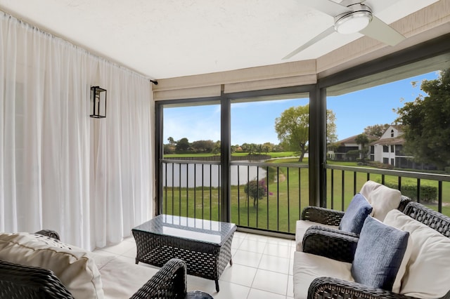 15334 Strathearn Dr Unit 12104, Delray Beach, FL 33446 - sunroom / solarium featuring a ceiling fan, a water view, and tile patterned floors