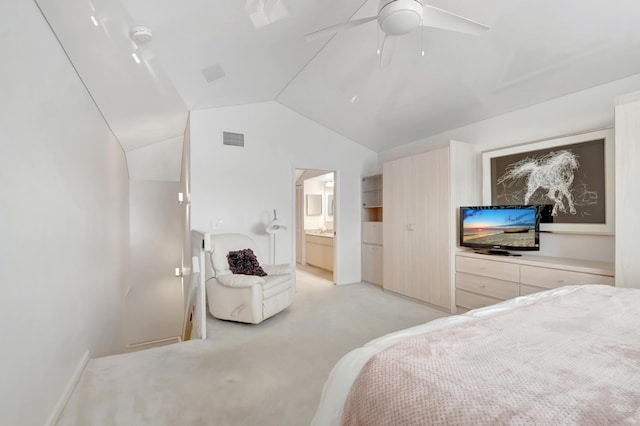 15334 Strathearn Dr Unit 12104, Delray Beach, FL 33446 - bedroom with light colored carpet, lofted ceiling, ensuite bath, and a ceiling fan