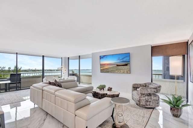 living room featuring a wealth of natural light and a wall of windows