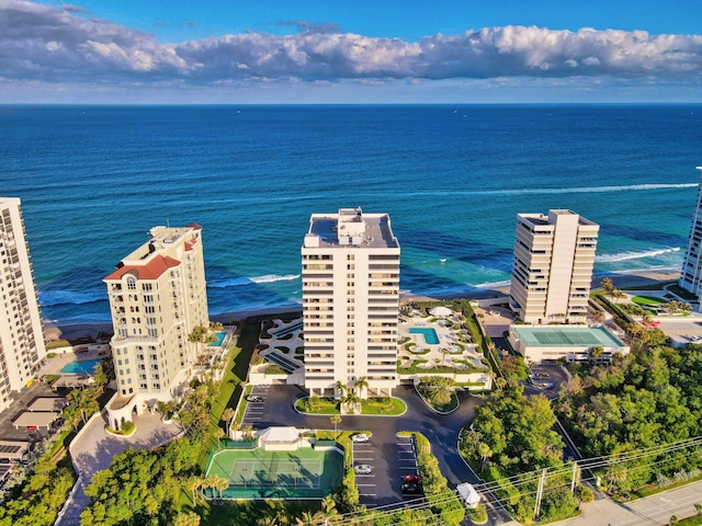 aerial view featuring a water view