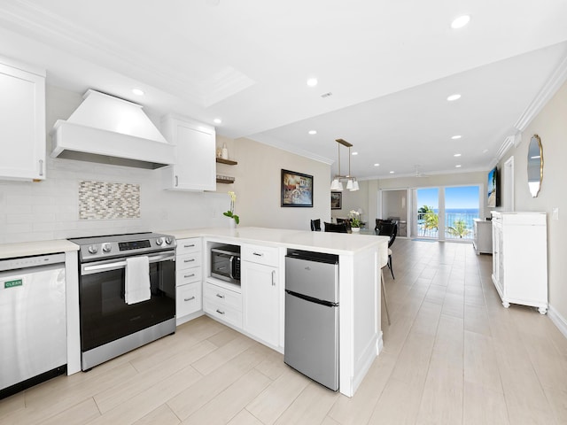 kitchen with white cabinetry, kitchen peninsula, stainless steel appliances, premium range hood, and decorative backsplash