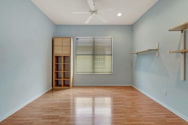 unfurnished room featuring light wood-type flooring, ceiling fan, baseboards, and recessed lighting