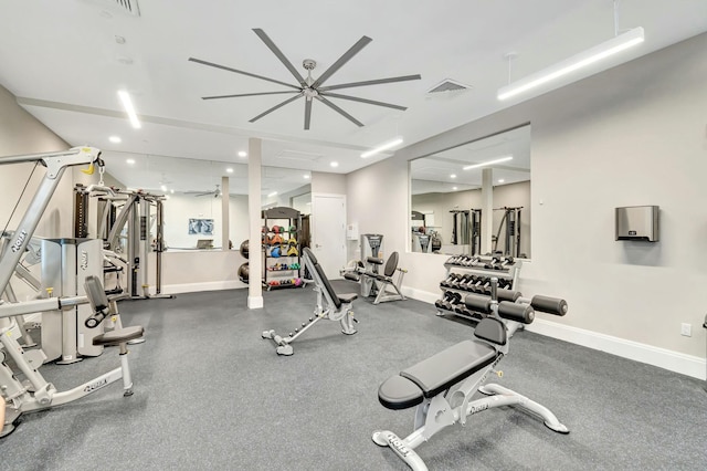 workout area with baseboards and recessed lighting