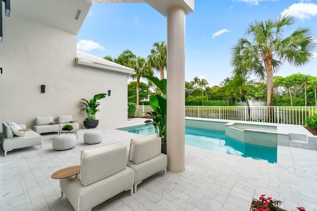 view of pool featuring a patio area, a fenced backyard, a fenced in pool, and an outdoor hangout area