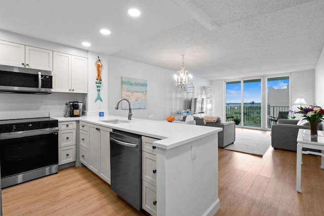 kitchen featuring appliances with stainless steel finishes, sink, white cabinetry, and kitchen peninsula