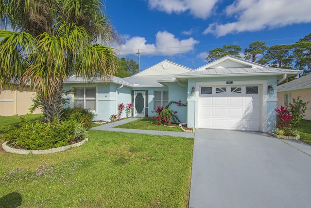 ranch-style home with a front yard and a garage