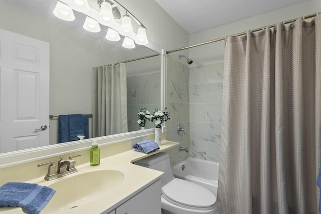 full bathroom featuring shower / bathtub combination with curtain, vanity, and toilet