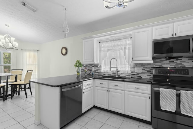 kitchen featuring appliances with stainless steel finishes, sink, kitchen peninsula, and white cabinets