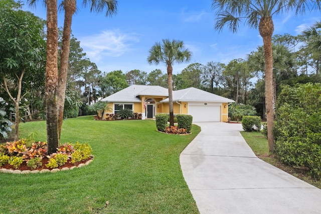 ranch-style house with a front yard, concrete driveway, an attached garage, and stucco siding