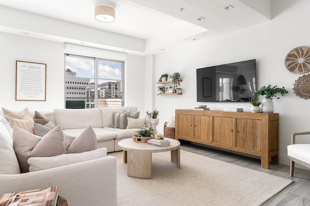 living room with light hardwood / wood-style flooring