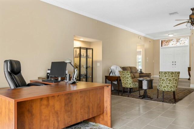 office with ceiling fan, crown molding, and tile patterned floors