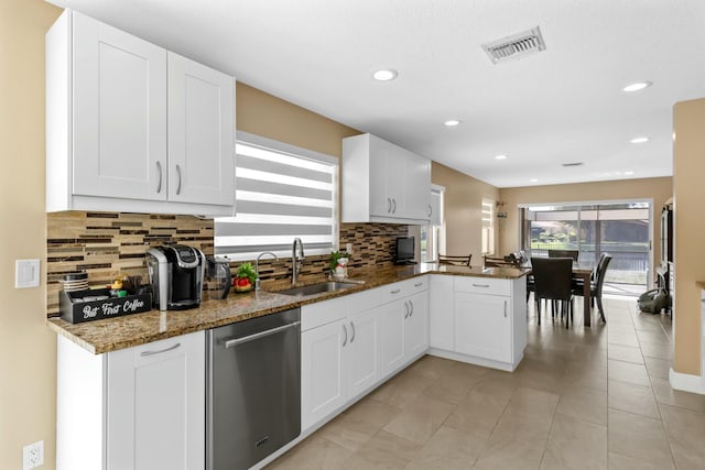 kitchen with a peninsula, a sink, visible vents, white cabinetry, and stainless steel dishwasher