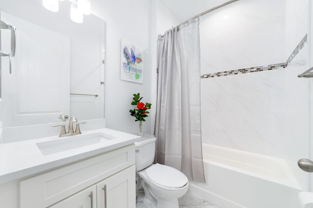 full bathroom with toilet, vanity, and shower / bathtub combination with curtain