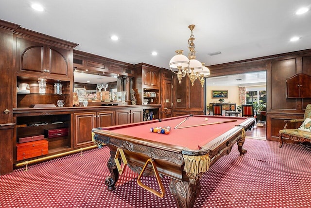 game room with recessed lighting, visible vents, pool table, and carpet floors